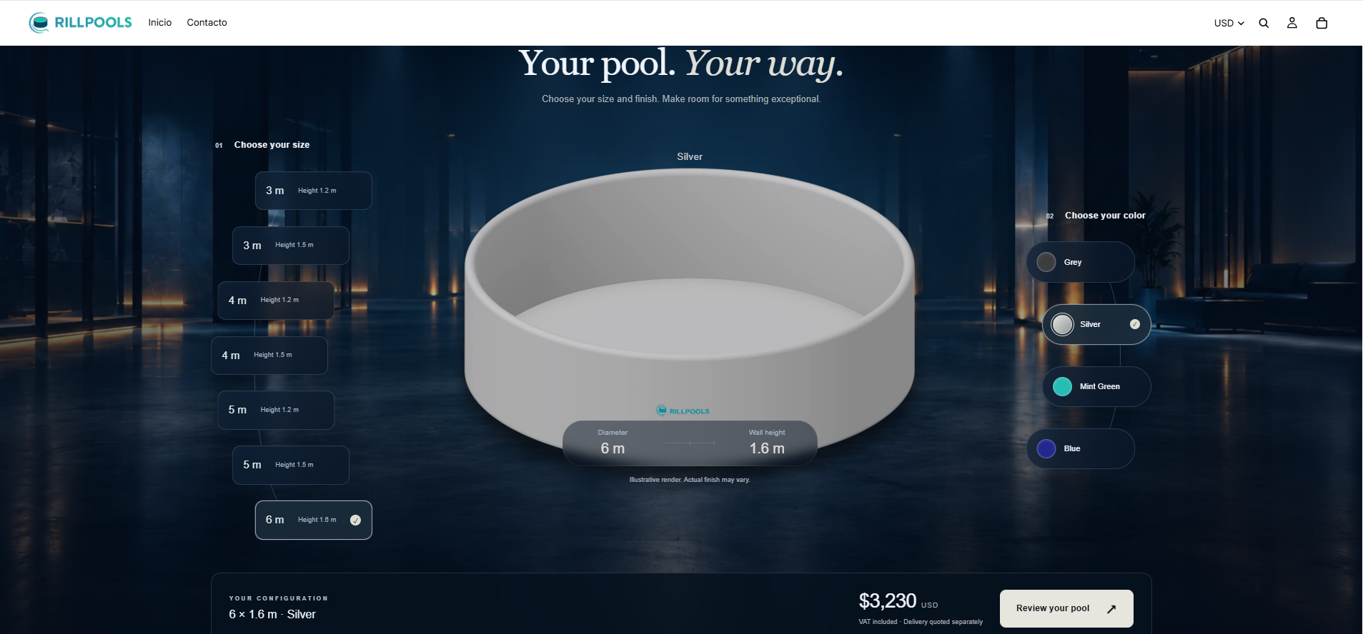 Configurador de piscinas de Rillpools con opciones de tamaño, altura y color