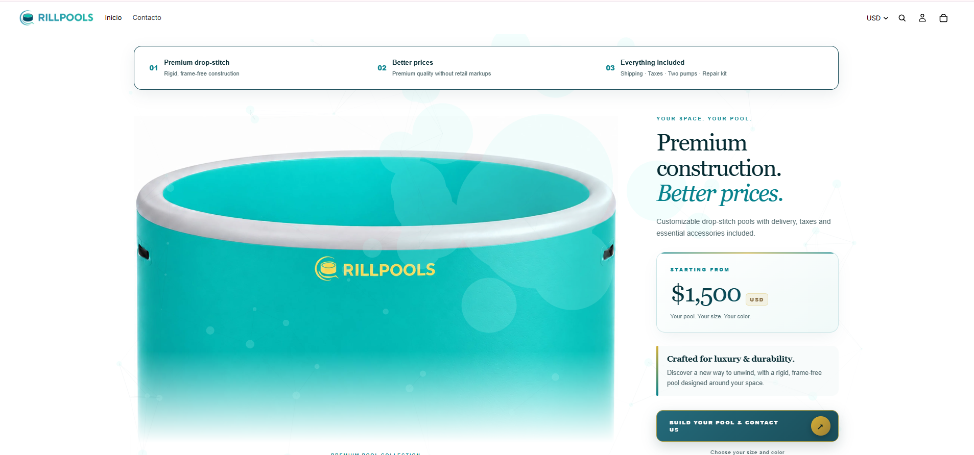 Página de inicio de Rillpools con una piscina turquesa y presentación del producto